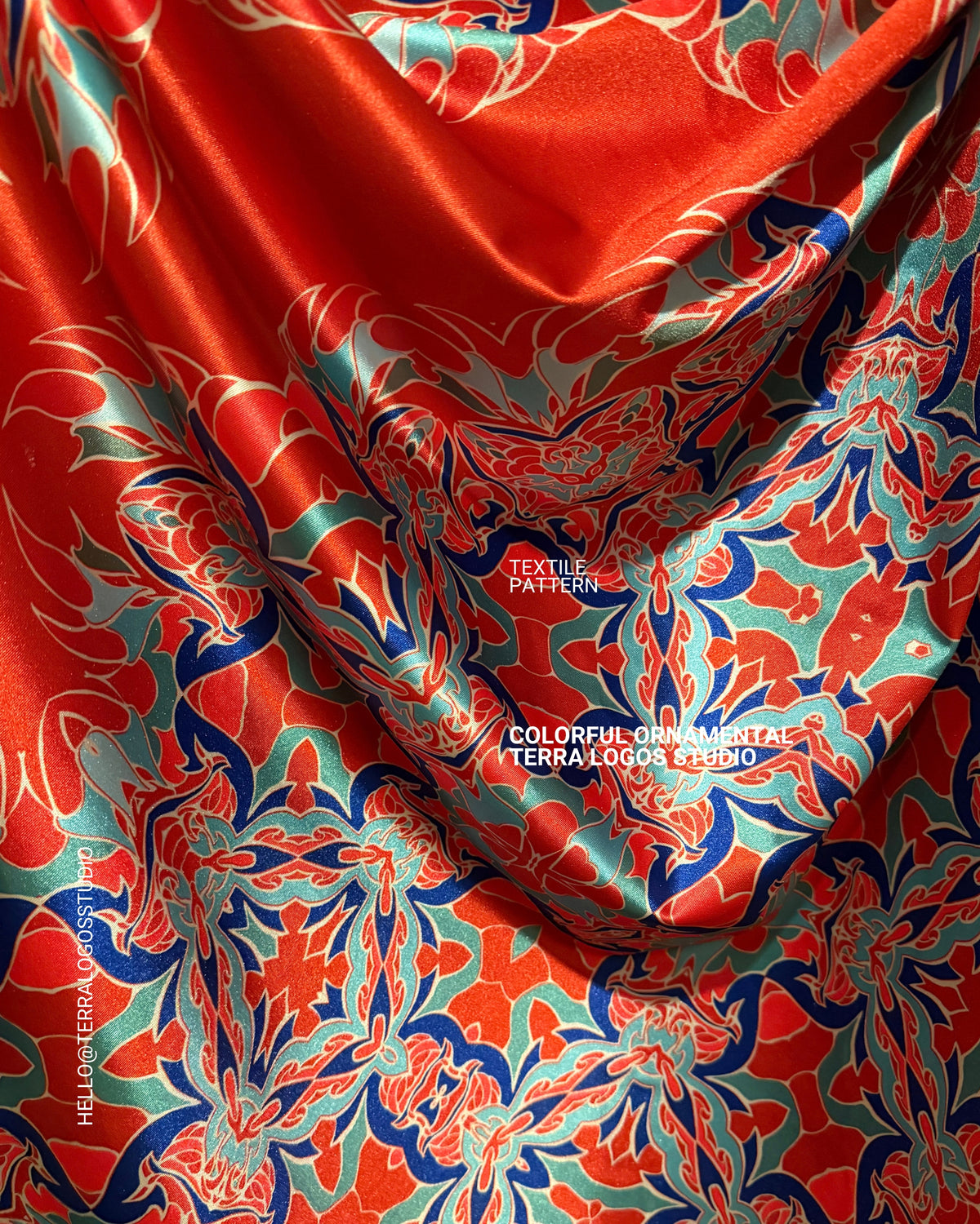 Original hand-drawn ornamental pattern by Terra Logos Studio, featuring vibrant colors and intricate artistic details for textile printing and fashion design.