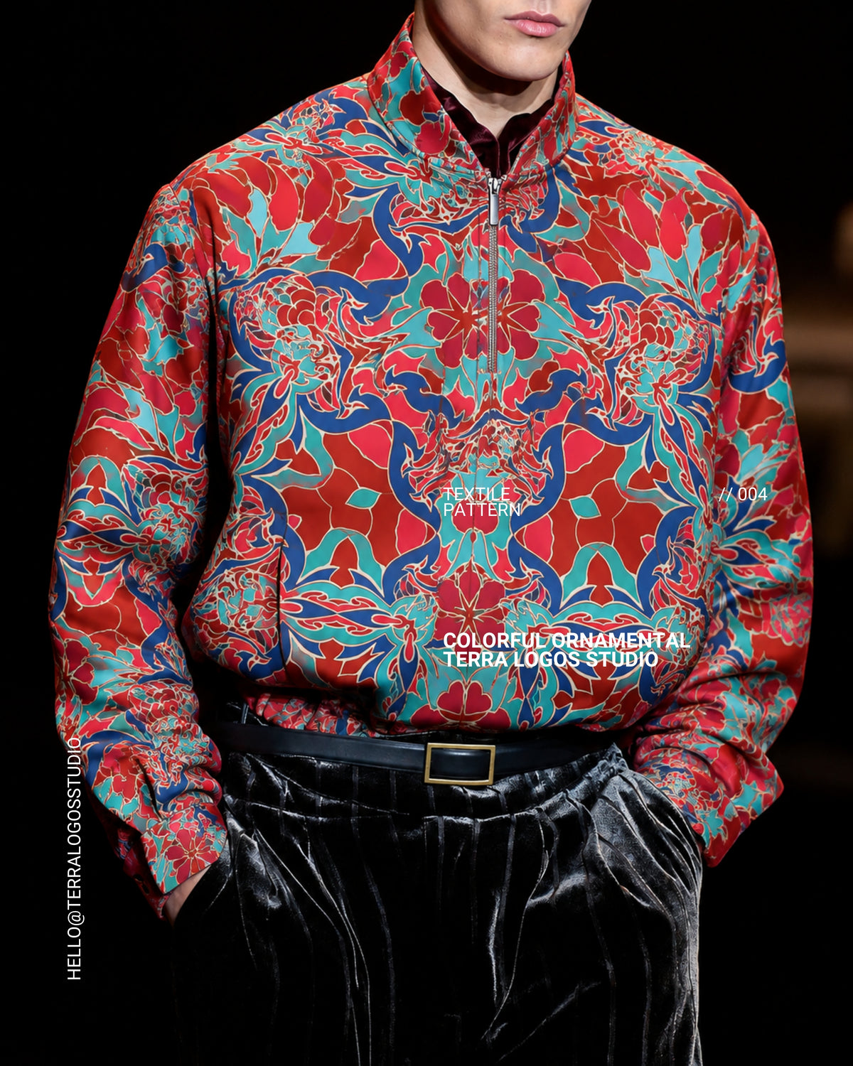 Three original hand-drawn floral ornaments by Terra Logos Studio, featuring vibrant coral, turquoise, pink and blue colors. Digital textile designs for fashion, fabric printing and creative projects.