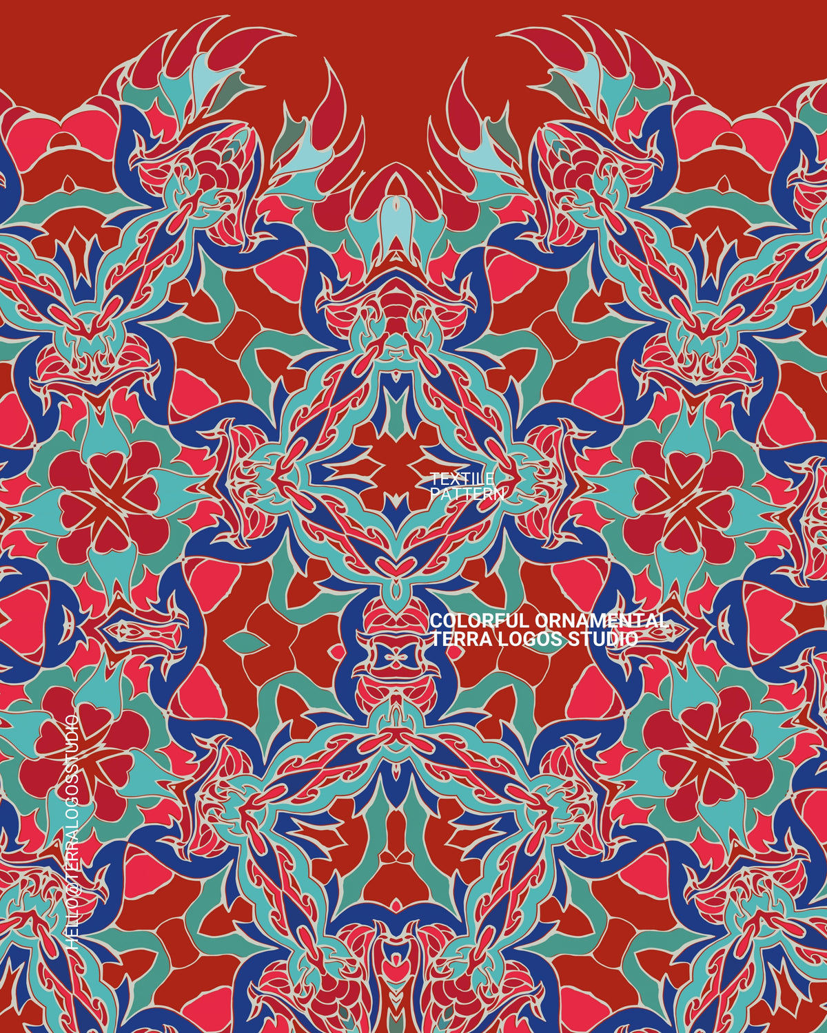 Seamless repeating textile pattern featuring colorful botanical-inspired ornaments, created by Terra Logos Studio for fabric printing and surface design.