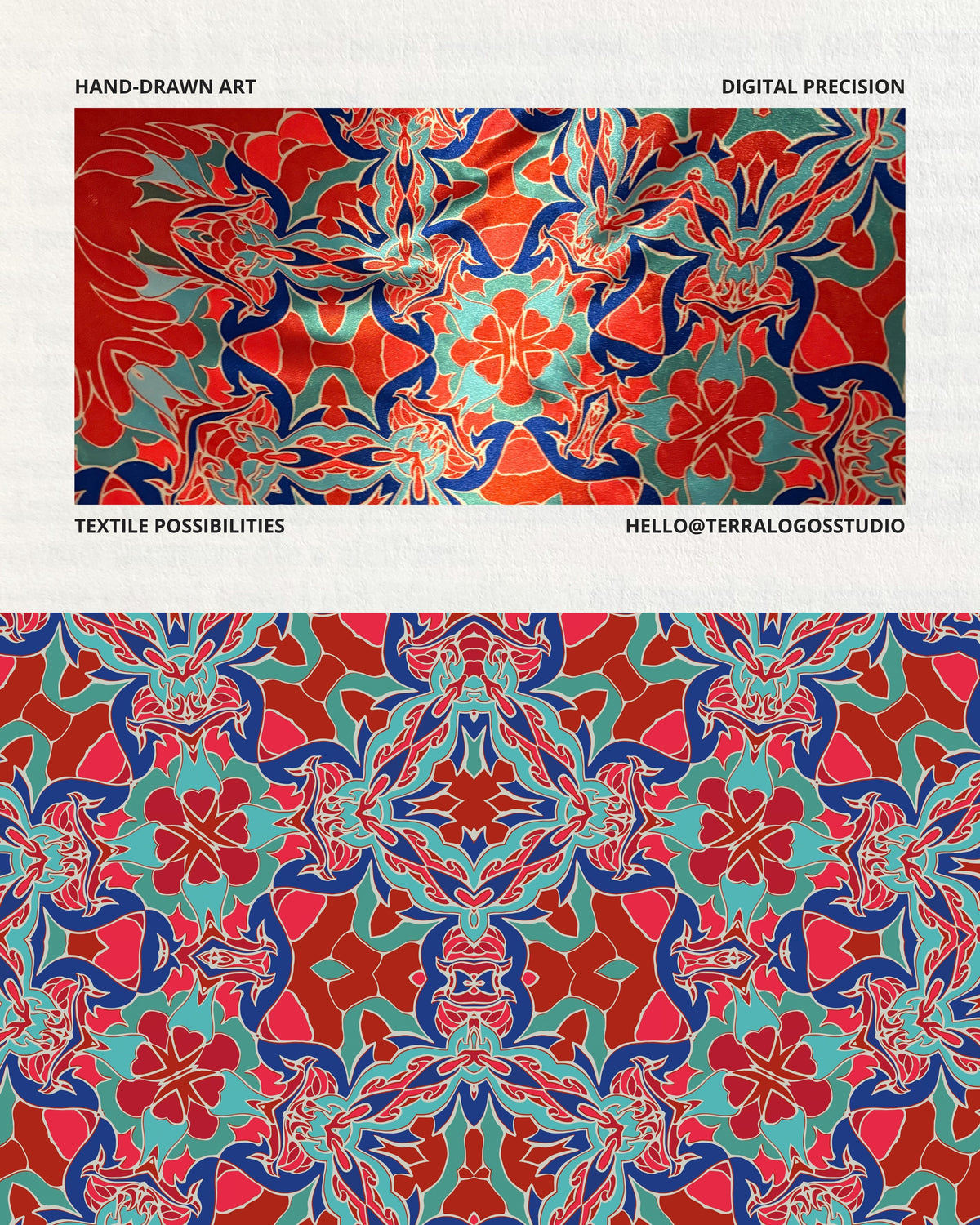 Custom printed fabric featuring exclusive artwork by Terra Logos Studio, with professional textile production available in Poland and China.
