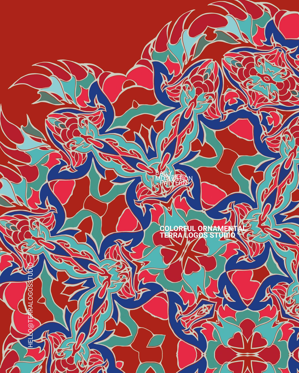 Colorful designer fabric featuring an exclusive hand-drawn ornamental print by Terra Logos Studio, available for custom textile production.
