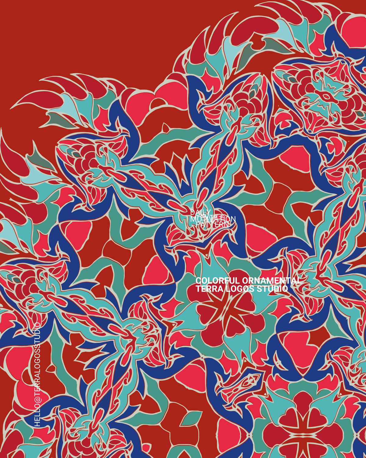 Colorful designer fabric featuring an exclusive hand-drawn ornamental print by Terra Logos Studio, available for custom textile production.

