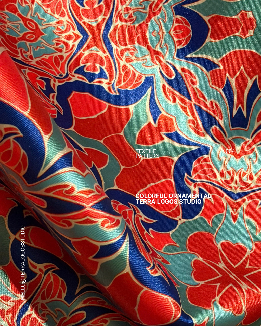 Detailed close-up of original hand-drawn botanical ornament featuring flowing lines, floral symmetry and colorful decorative elements.