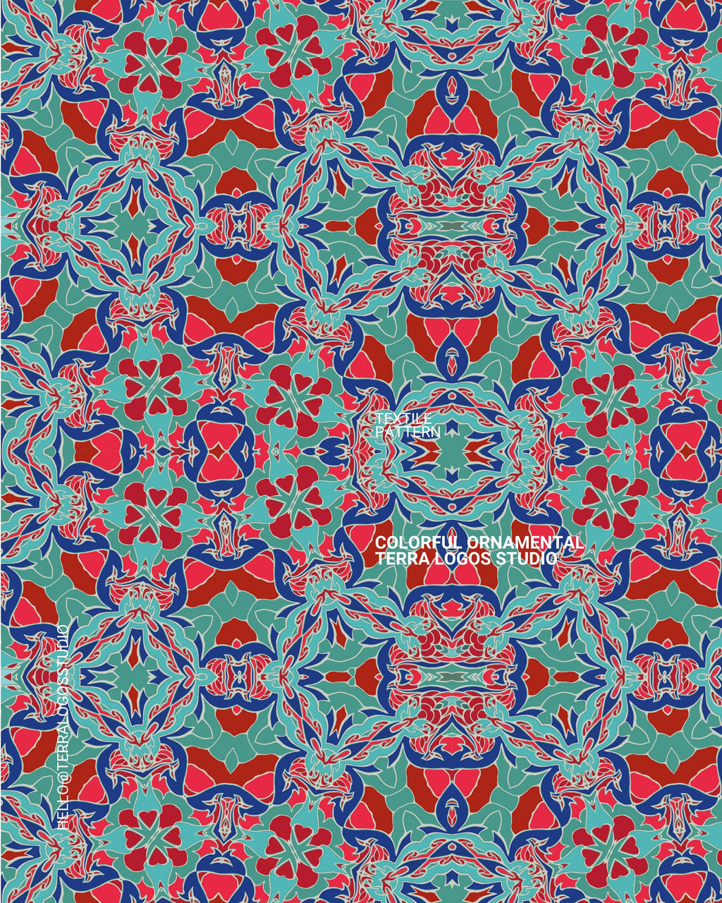 Luxury satin fabric with a vibrant artistic ornament, designed by Terra Logos Studio for scarves, dresses, fashion collections and custom clothing.