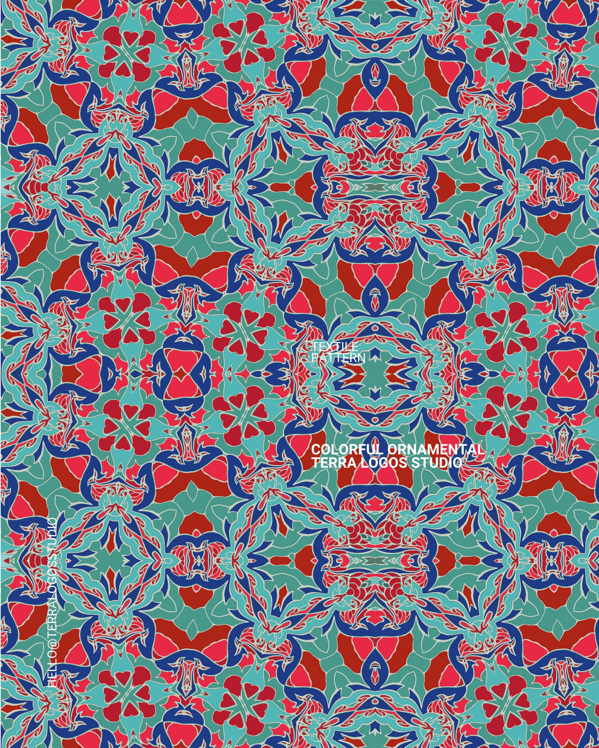 Luxury satin fabric with a vibrant artistic ornament, designed by Terra Logos Studio for scarves, dresses, fashion collections and custom clothing.