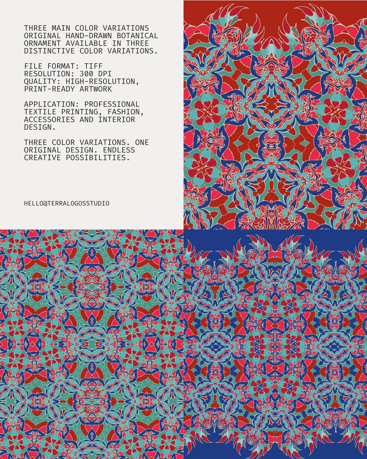 Explore original ornamental artwork inspired by nature, color, rhythm, and movement.

Terra Logos Studio creates distinctive digital designs for fashion, textiles, accessories, and creative industries.

Purchase original artwork, request custom designs, or explore fabric production through our manufacturing partners in Poland and China.

Your idea. Our design. Worldwide possibilities.